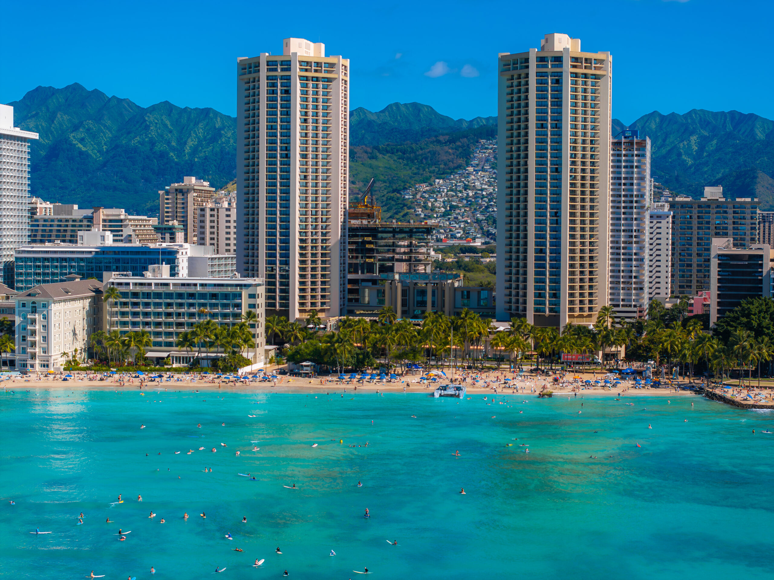 Aerial View of Waikiki Beach and Honolulu Skyline in Oahu, Hawaii