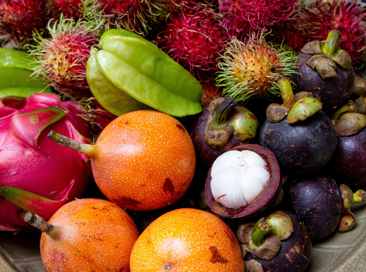 A colorful assortment of tropical fruits including dragon fruit, starfruit, rambutan, mangosteen, and granadilla